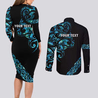 All Black Maori Tribal Tattoo Personalised Couples Matching Long Sleeve Bodycon Dress and Long Sleeve Button Shirt Polynesian Style