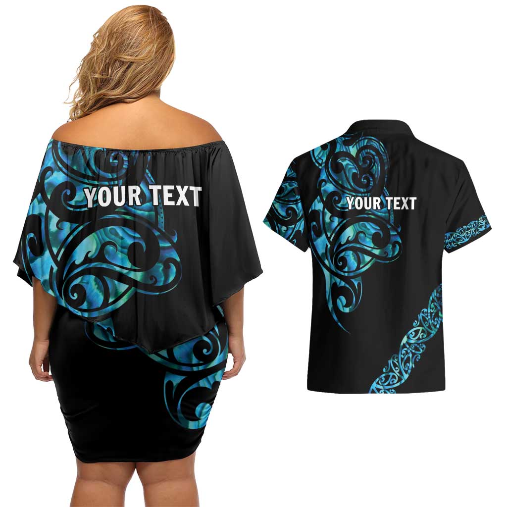 All Black Maori Tribal Tattoo Personalised Couples Matching Off Shoulder Short Dress and Hawaiian Shirt Polynesian Style