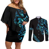 All Black Maori Tribal Tattoo Personalised Couples Matching Off Shoulder Short Dress and Long Sleeve Button Shirt Polynesian Style