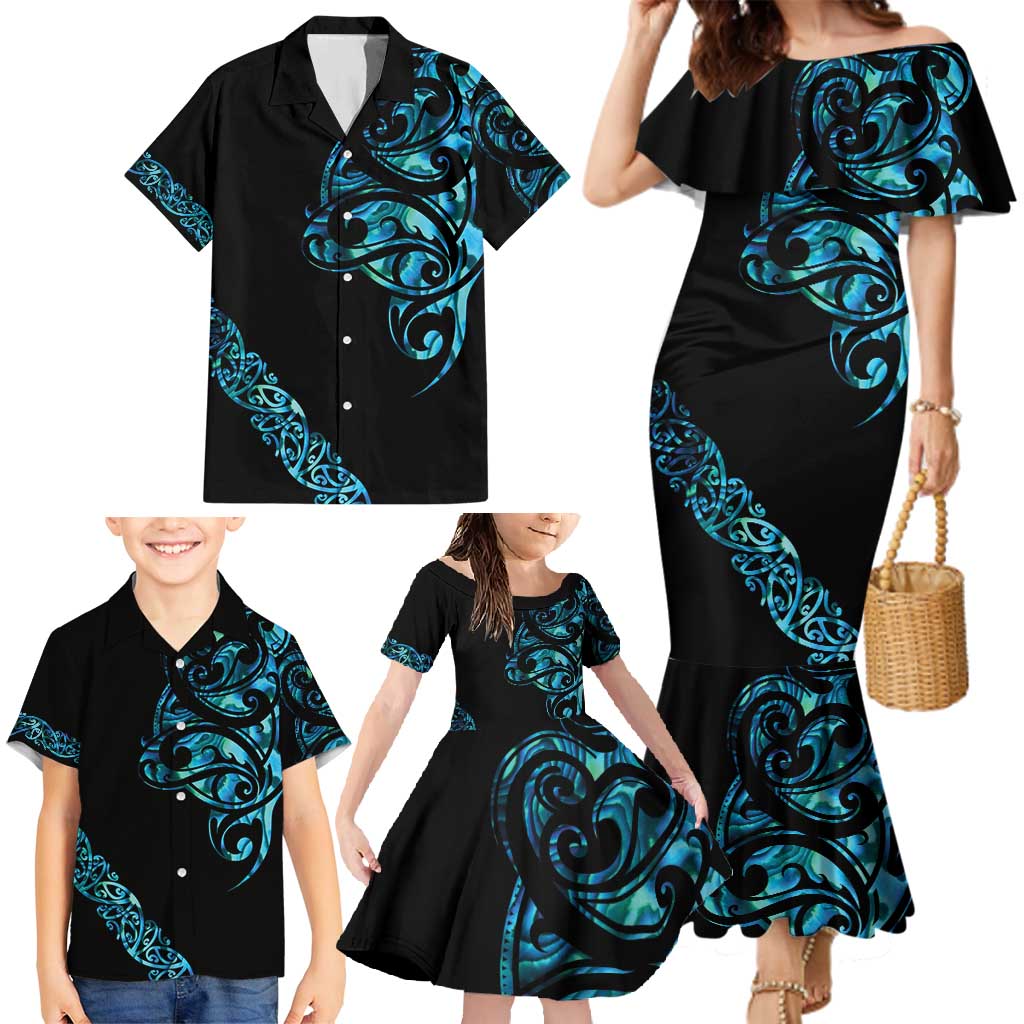 All Black Maori Tribal Tattoo Personalised Family Matching Mermaid Dress and Hawaiian Shirt Polynesian Style