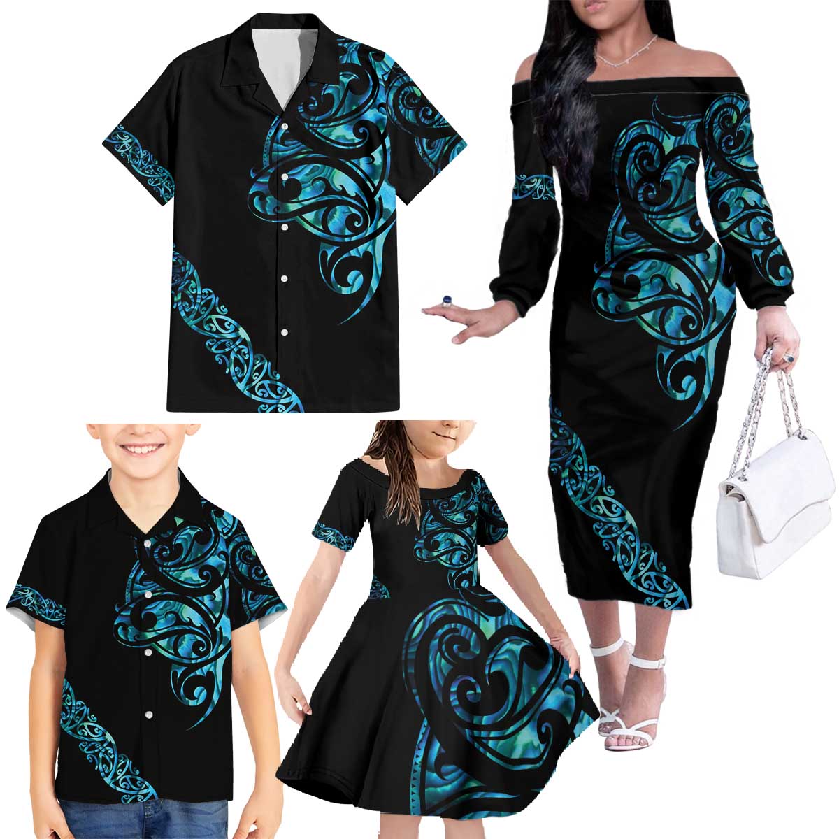 All Black Maori Tribal Tattoo Personalised Family Matching Off The Shoulder Long Sleeve Dress and Hawaiian Shirt Polynesian Style