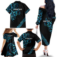 All Black Maori Tribal Tattoo Personalised Family Matching Off The Shoulder Long Sleeve Dress and Hawaiian Shirt Polynesian Style