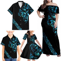 All Black Maori Tribal Tattoo Personalised Family Matching Off Shoulder Maxi Dress and Hawaiian Shirt Polynesian Style