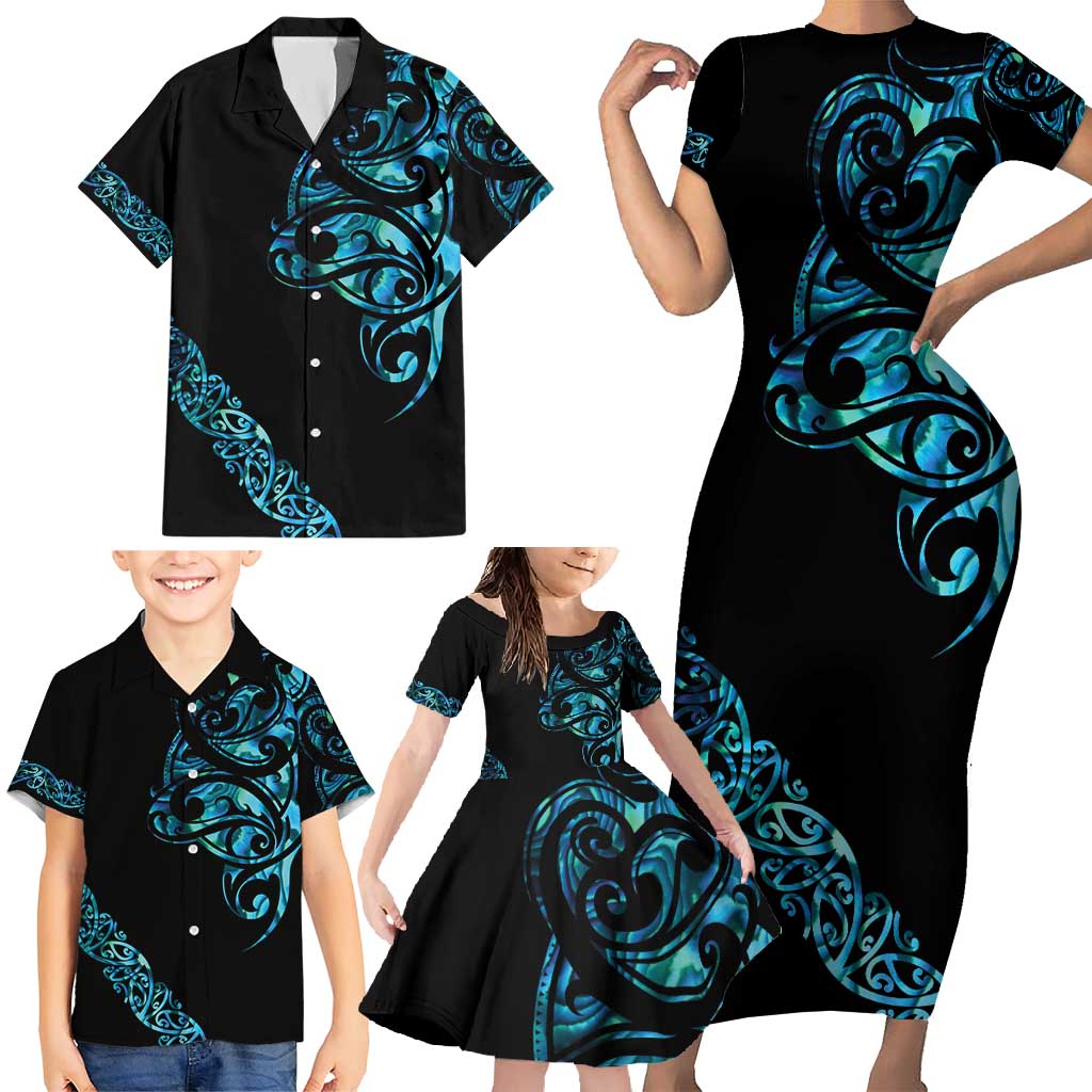 All Black Maori Tribal Tattoo Personalised Family Matching Short Sleeve Bodycon Dress and Hawaiian Shirt Polynesian Style