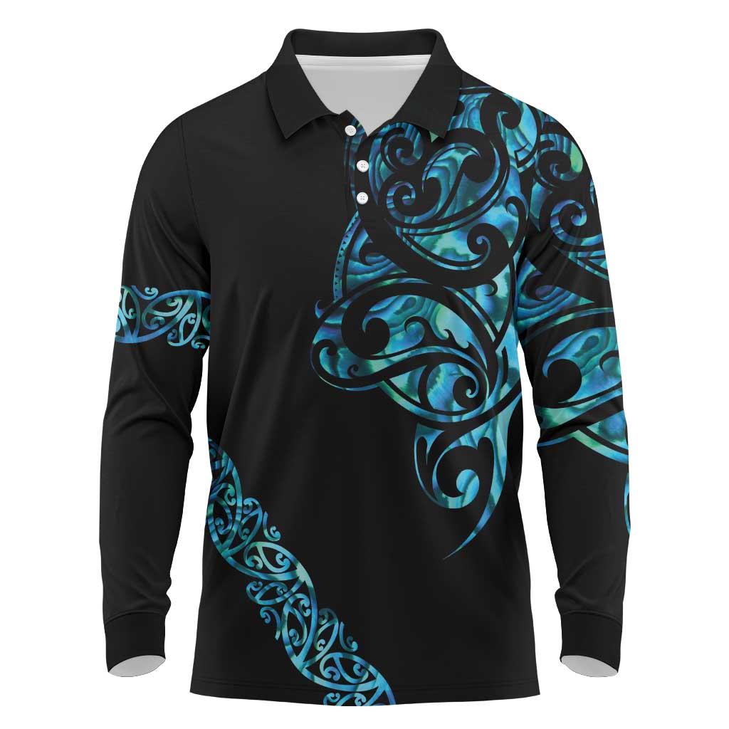All Black Maori Tribal Tattoo Personalised Long Sleeve Polo Shirt Polynesian Style