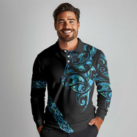 All Black Maori Tribal Tattoo Personalised Long Sleeve Polo Shirt Polynesian Style
