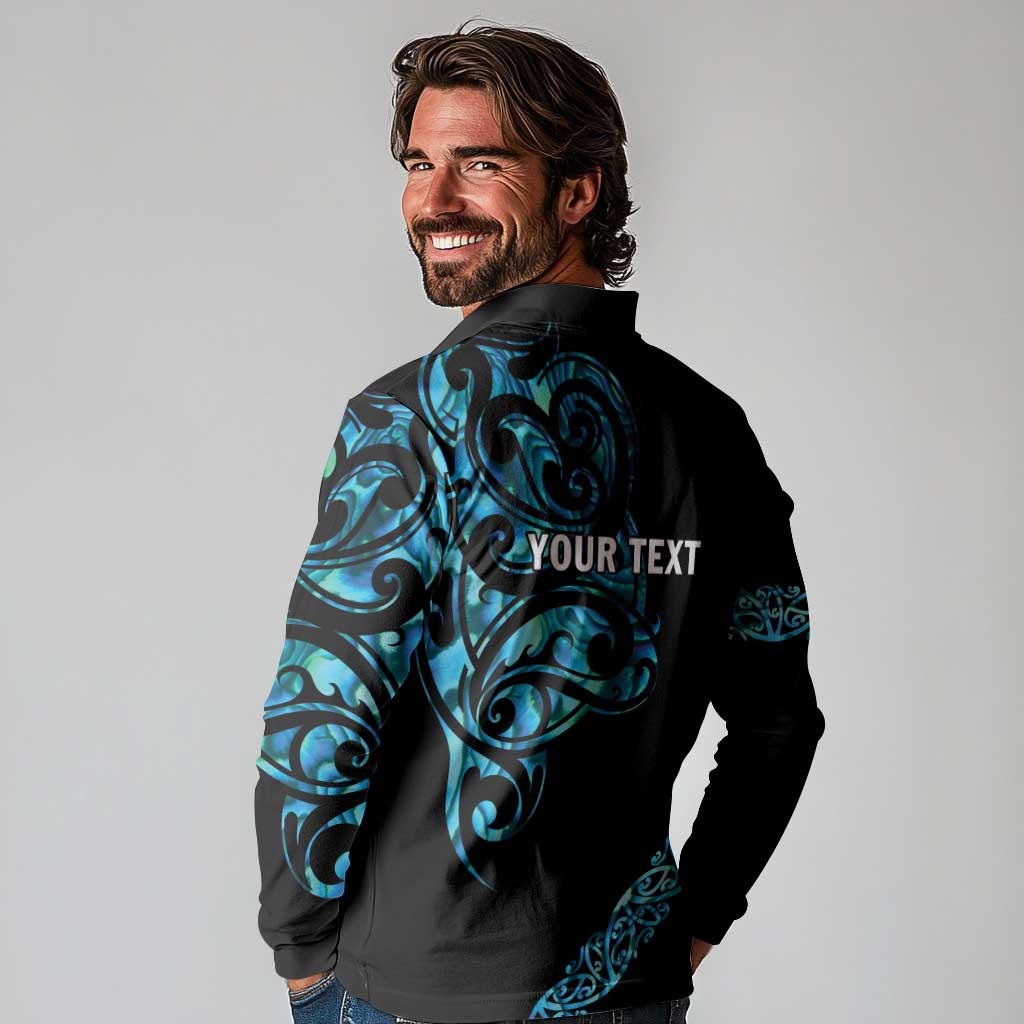 All Black Maori Tribal Tattoo Personalised Long Sleeve Polo Shirt Polynesian Style