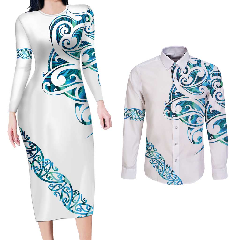 All White Maori Tribal Tattoo Personalised Couples Matching Long Sleeve Bodycon Dress and Long Sleeve Button Shirt Polynesian Style