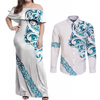 All White Maori Tribal Tattoo Personalised Couples Matching Off Shoulder Maxi Dress and Long Sleeve Button Shirt Polynesian Style
