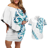 All White Maori Tribal Tattoo Personalised Couples Matching Off Shoulder Short Dress and Hawaiian Shirt Polynesian Style