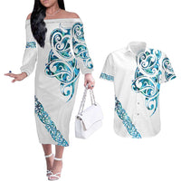 All White Maori Tribal Tattoo Personalised Couples Matching Off The Shoulder Long Sleeve Dress and Hawaiian Shirt Polynesian Style