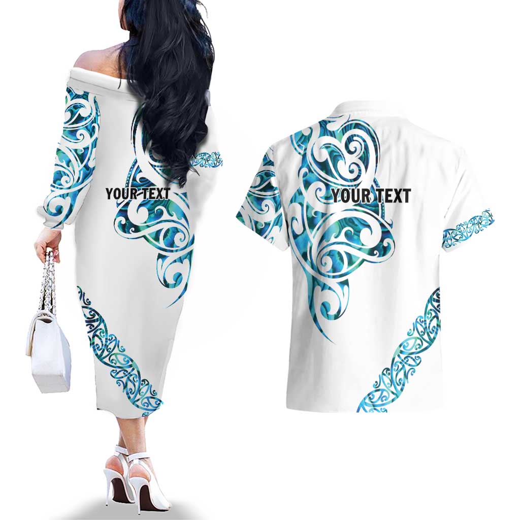 All White Maori Tribal Tattoo Personalised Couples Matching Off The Shoulder Long Sleeve Dress and Hawaiian Shirt Polynesian Style