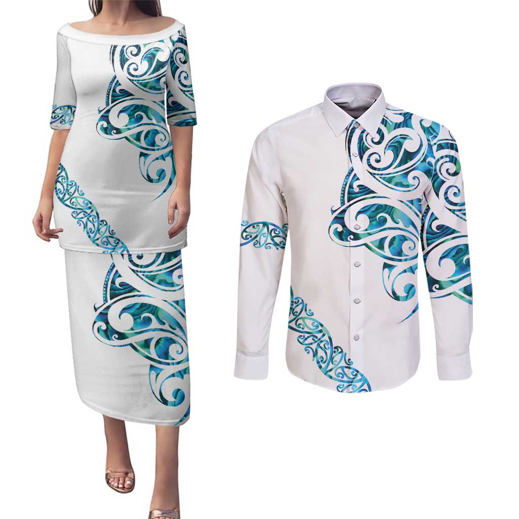 All White Maori Tribal Tattoo Personalised Couples Matching Puletasi and Long Sleeve Button Shirt Polynesian Style
