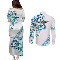 All White Maori Tribal Tattoo Personalised Couples Matching Puletasi and Long Sleeve Button Shirt Polynesian Style