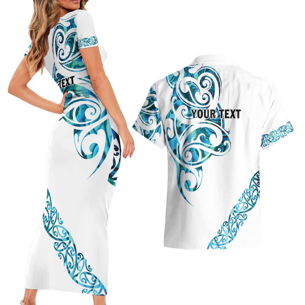 All White Maori Tribal Tattoo Personalised Couples Matching Short Sleeve Bodycon Dress and Hawaiian Shirt Polynesian Style