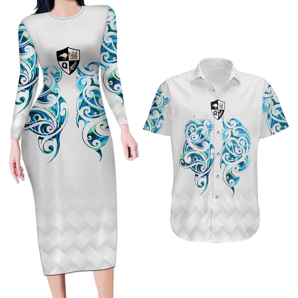 Queensland Maori Kiwi Personalised Couples Matching Long Sleeve Bodycon Dress and Hawaiian Shirt Ma Kakariki Papua Shell Maori Tribal Tattoo