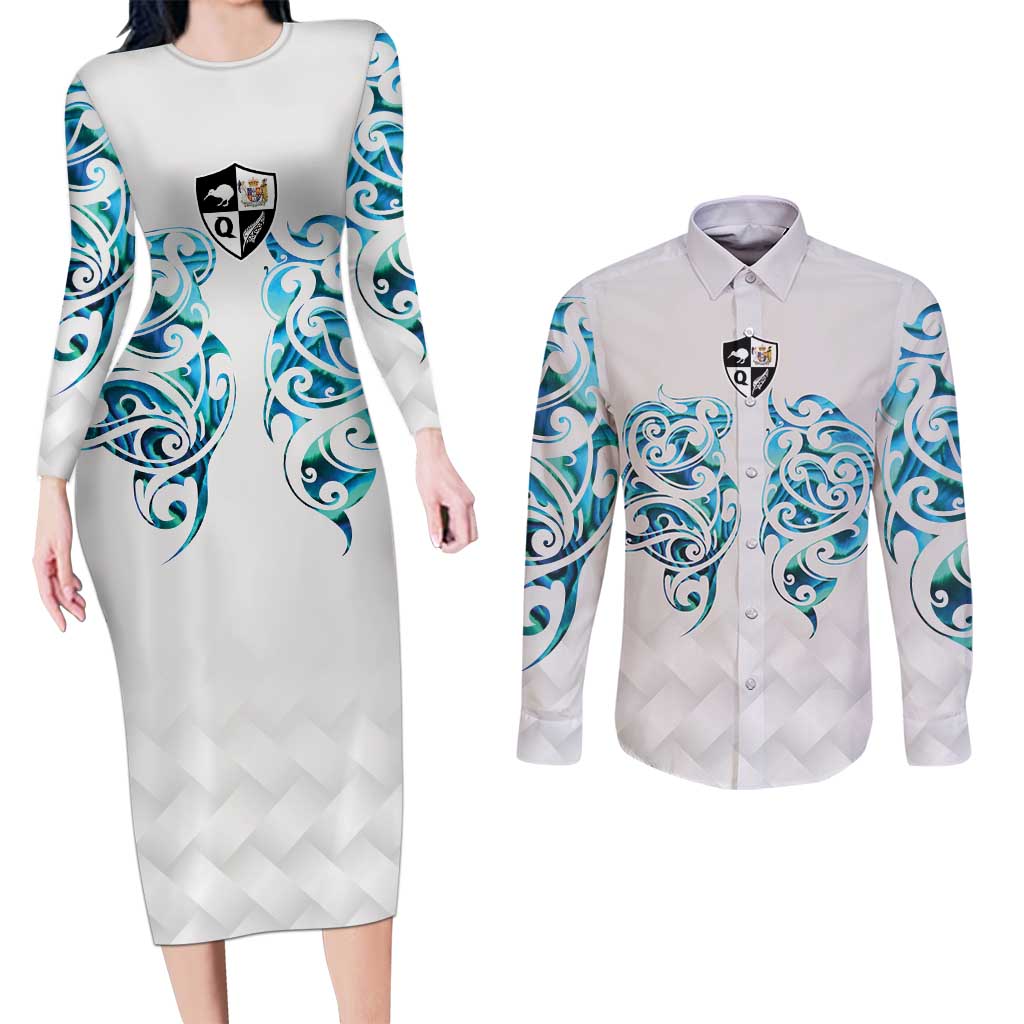 Queensland Maori Kiwi Personalised Couples Matching Long Sleeve Bodycon Dress and Long Sleeve Button Shirt Ma Kakariki Papua Shell Maori Tribal Tattoo