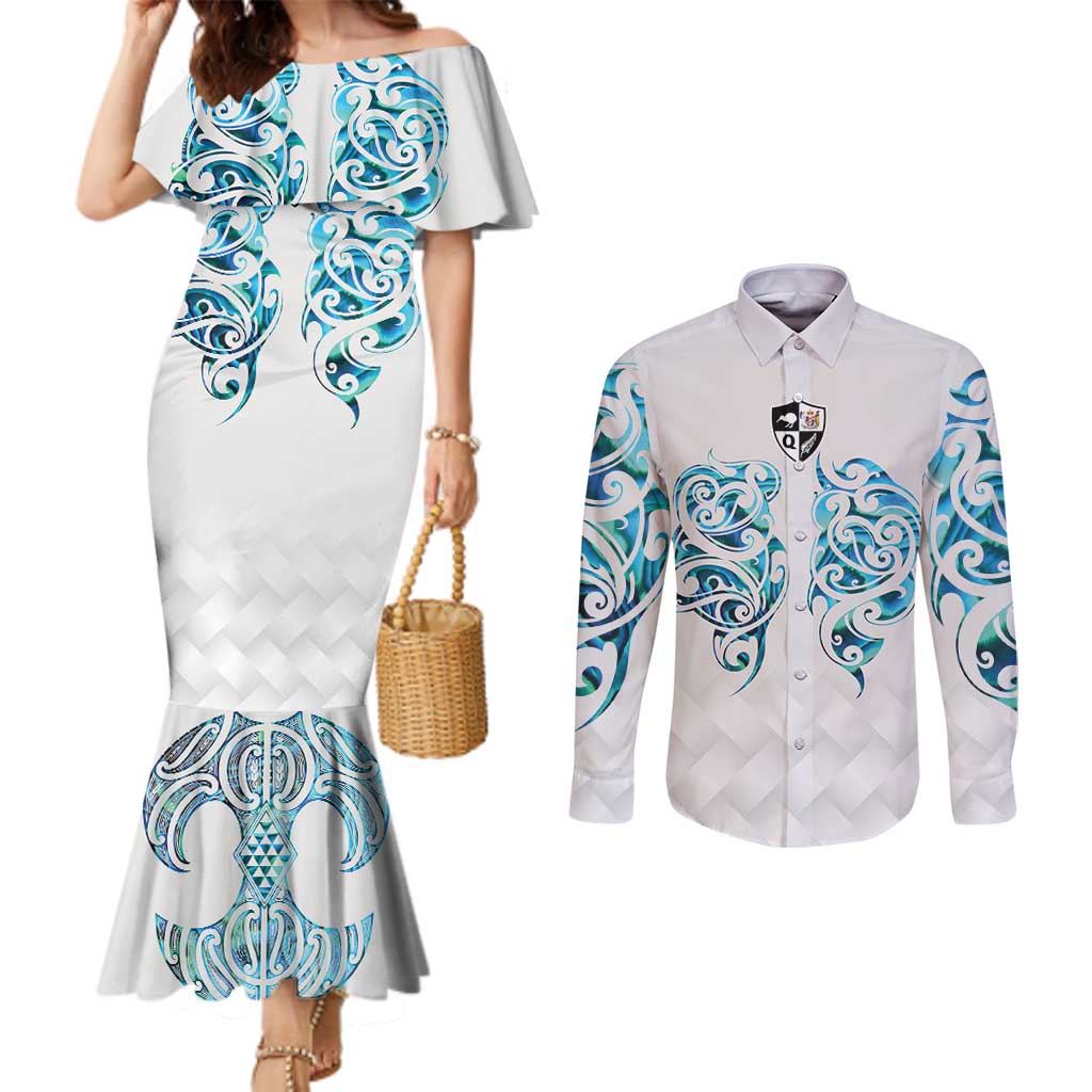 Queensland Maori Kiwi Personalised Couples Matching Mermaid Dress and Long Sleeve Button Shirt Ma Kakariki Papua Shell Maori Tribal Tattoo