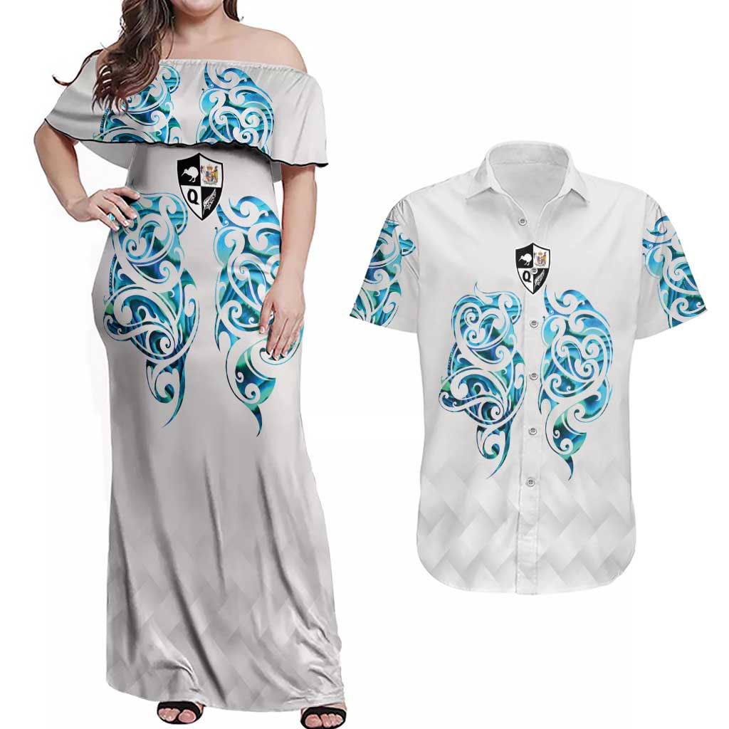 Queensland Maori Kiwi Personalised Couples Matching Off Shoulder Maxi Dress and Hawaiian Shirt Ma Kakariki Papua Shell Maori Tribal Tattoo