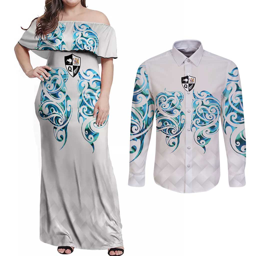 Queensland Maori Kiwi Personalised Couples Matching Off Shoulder Maxi Dress and Long Sleeve Button Shirt Ma Kakariki Papua Shell Maori Tribal Tattoo