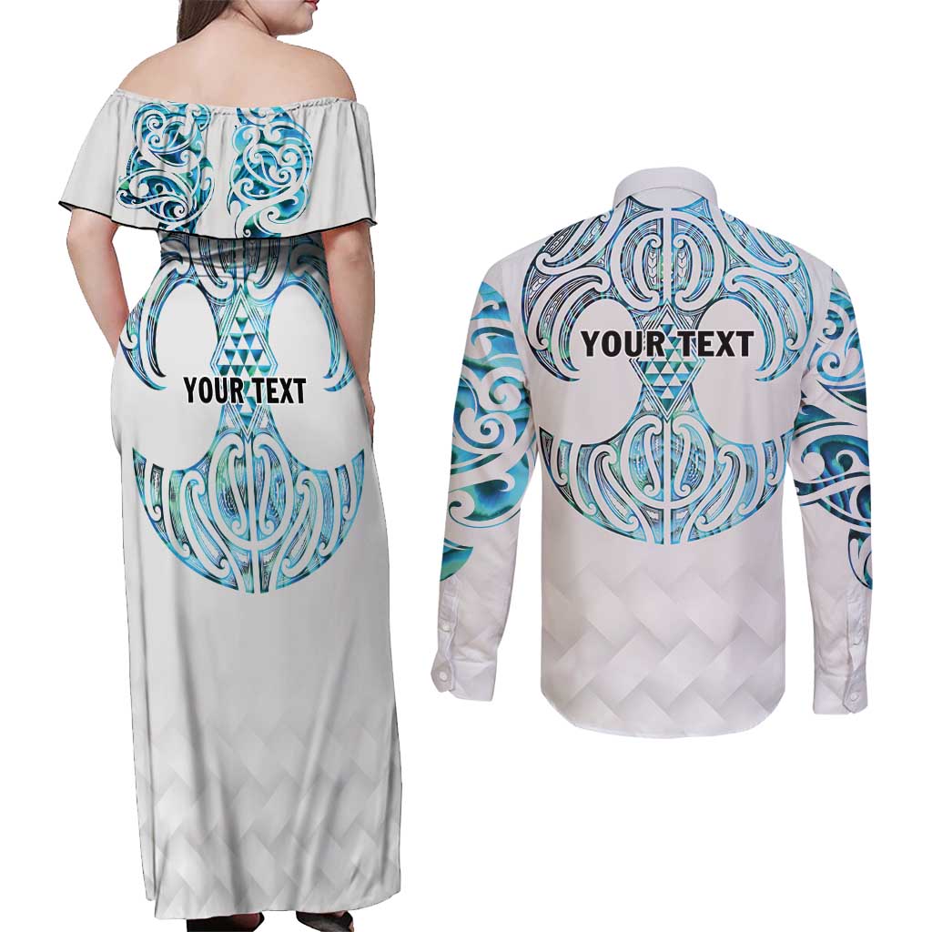 Queensland Maori Kiwi Personalised Couples Matching Off Shoulder Maxi Dress and Long Sleeve Button Shirt Ma Kakariki Papua Shell Maori Tribal Tattoo