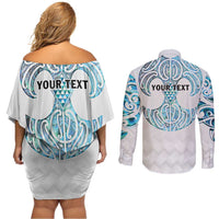 Queensland Maori Kiwi Personalised Couples Matching Off Shoulder Short Dress and Long Sleeve Button Shirt Ma Kakariki Papua Shell Maori Tribal Tattoo