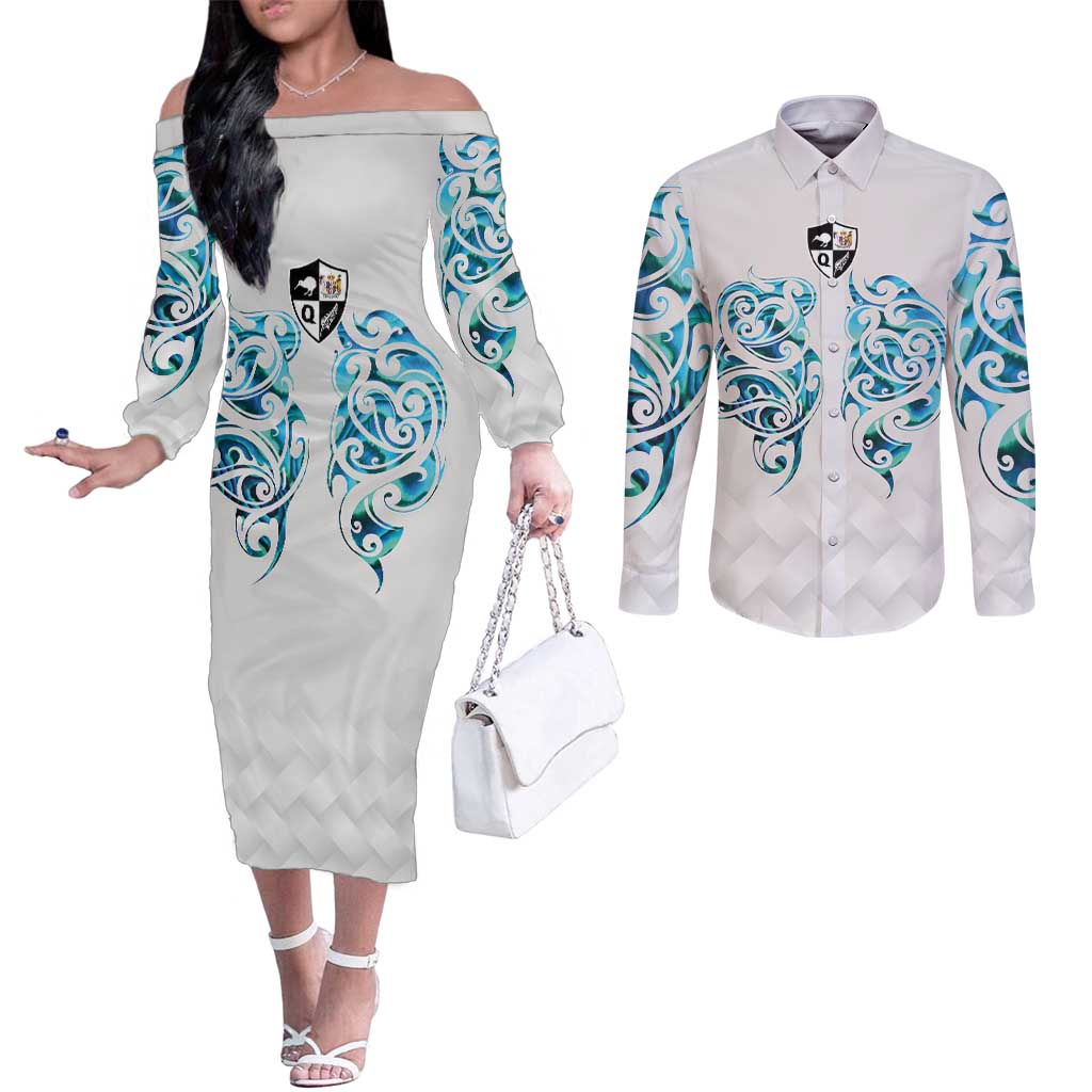 Queensland Maori Kiwi Personalised Couples Matching Off The Shoulder Long Sleeve Dress and Long Sleeve Button Shirt Ma Kakariki Papua Shell Maori Tribal Tattoo