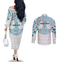 Queensland Maori Kiwi Personalised Couples Matching Off The Shoulder Long Sleeve Dress and Long Sleeve Button Shirt Ma Kakariki Papua Shell Maori Tribal Tattoo
