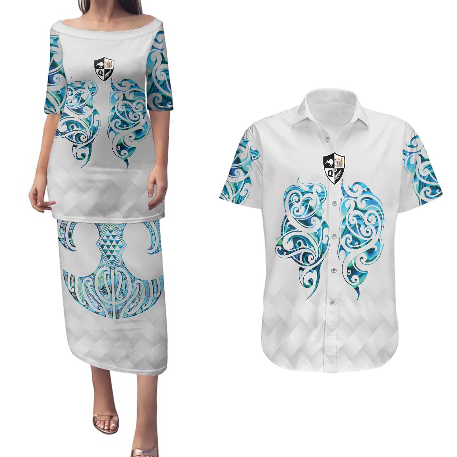 Queensland Maori Kiwi Personalised Couples Matching Puletasi and Hawaiian Shirt Ma Kakariki Papua Shell Maori Tribal Tattoo