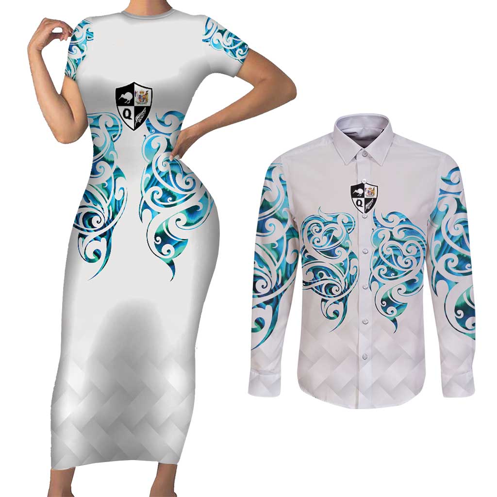 Queensland Maori Kiwi Personalised Couples Matching Short Sleeve Bodycon Dress and Long Sleeve Button Shirt Ma Kakariki Papua Shell Maori Tribal Tattoo