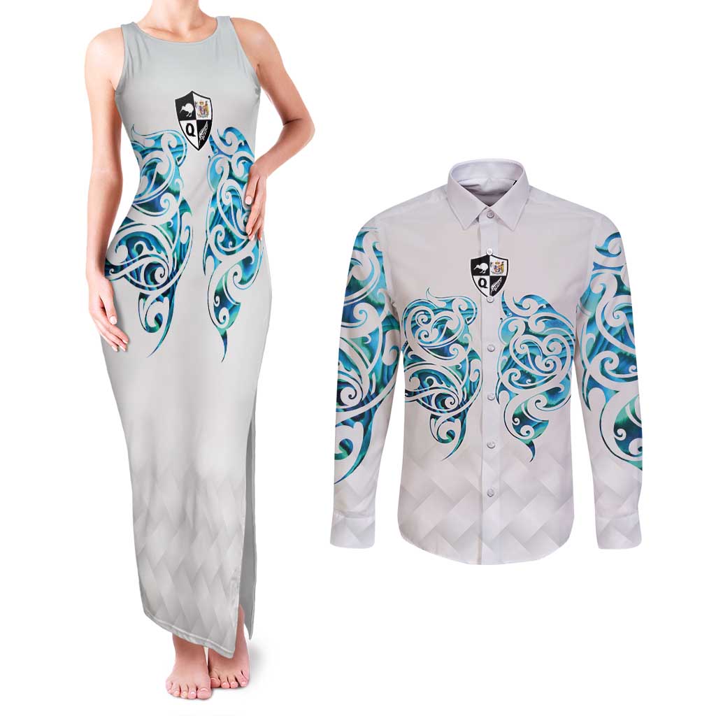 Queensland Maori Kiwi Personalised Couples Matching Tank Maxi Dress and Long Sleeve Button Shirt Ma Kakariki Papua Shell Maori Tribal Tattoo