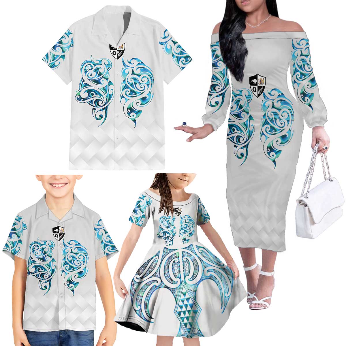Queensland Maori Kiwi Personalised Family Matching Off The Shoulder Long Sleeve Dress and Hawaiian Shirt Ma Kakariki Papua Shell Maori Tribal Tattoo