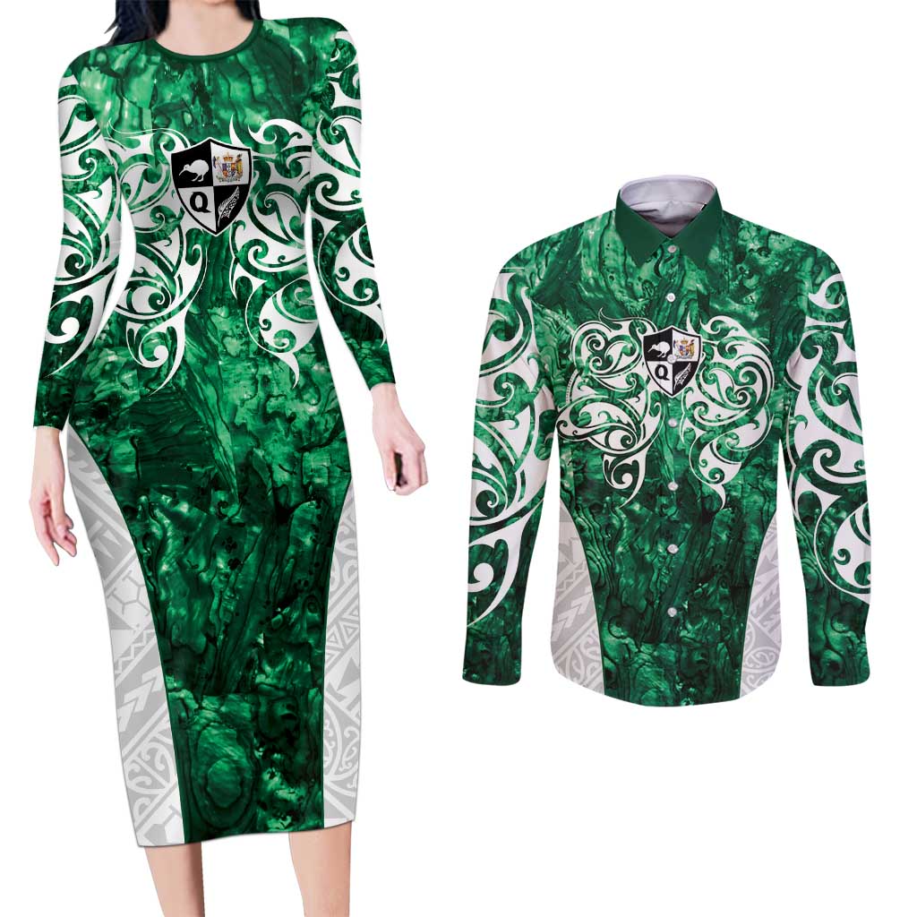 Queensland Maori Kiwi Personalised Couples Matching Long Sleeve Bodycon Dress and Long Sleeve Button Shirt Kikirangi Papua Shell Maori Tribal Tattoo