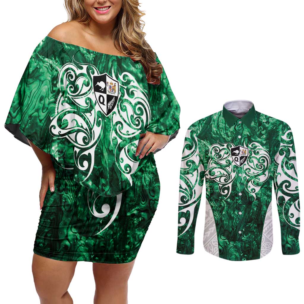 Queensland Maori Kiwi Personalised Couples Matching Off Shoulder Short Dress and Long Sleeve Button Shirt Kikirangi Papua Shell Maori Tribal Tattoo