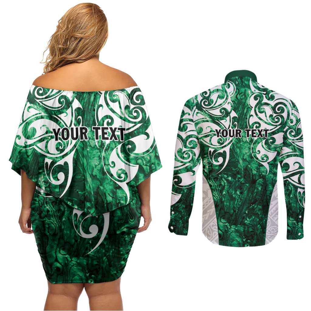 Queensland Maori Kiwi Personalised Couples Matching Off Shoulder Short Dress and Long Sleeve Button Shirt Kikirangi Papua Shell Maori Tribal Tattoo