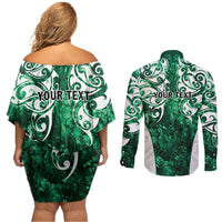 Queensland Maori Kiwi Personalised Couples Matching Off Shoulder Short Dress and Long Sleeve Button Shirt Kikirangi Papua Shell Maori Tribal Tattoo