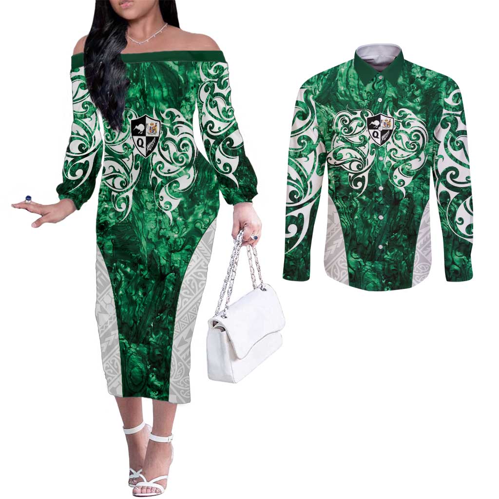Queensland Maori Kiwi Personalised Couples Matching Off The Shoulder Long Sleeve Dress and Long Sleeve Button Shirt Kikirangi Papua Shell Maori Tribal Tattoo
