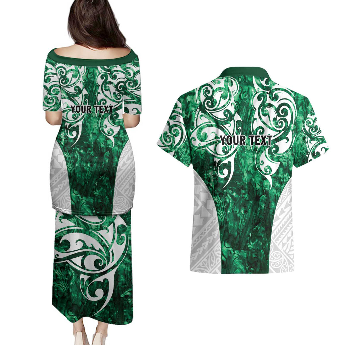 Queensland Maori Kiwi Personalised Couples Matching Puletasi and Hawaiian Shirt Kikirangi Papua Shell Maori Tribal Tattoo