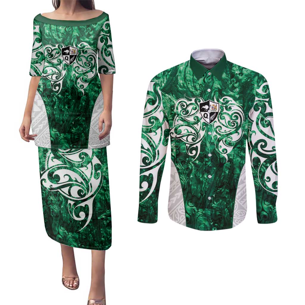 Queensland Maori Kiwi Personalised Couples Matching Puletasi and Long Sleeve Button Shirt Kikirangi Papua Shell Maori Tribal Tattoo