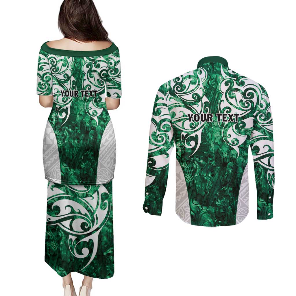 Queensland Maori Kiwi Personalised Couples Matching Puletasi and Long Sleeve Button Shirt Kikirangi Papua Shell Maori Tribal Tattoo