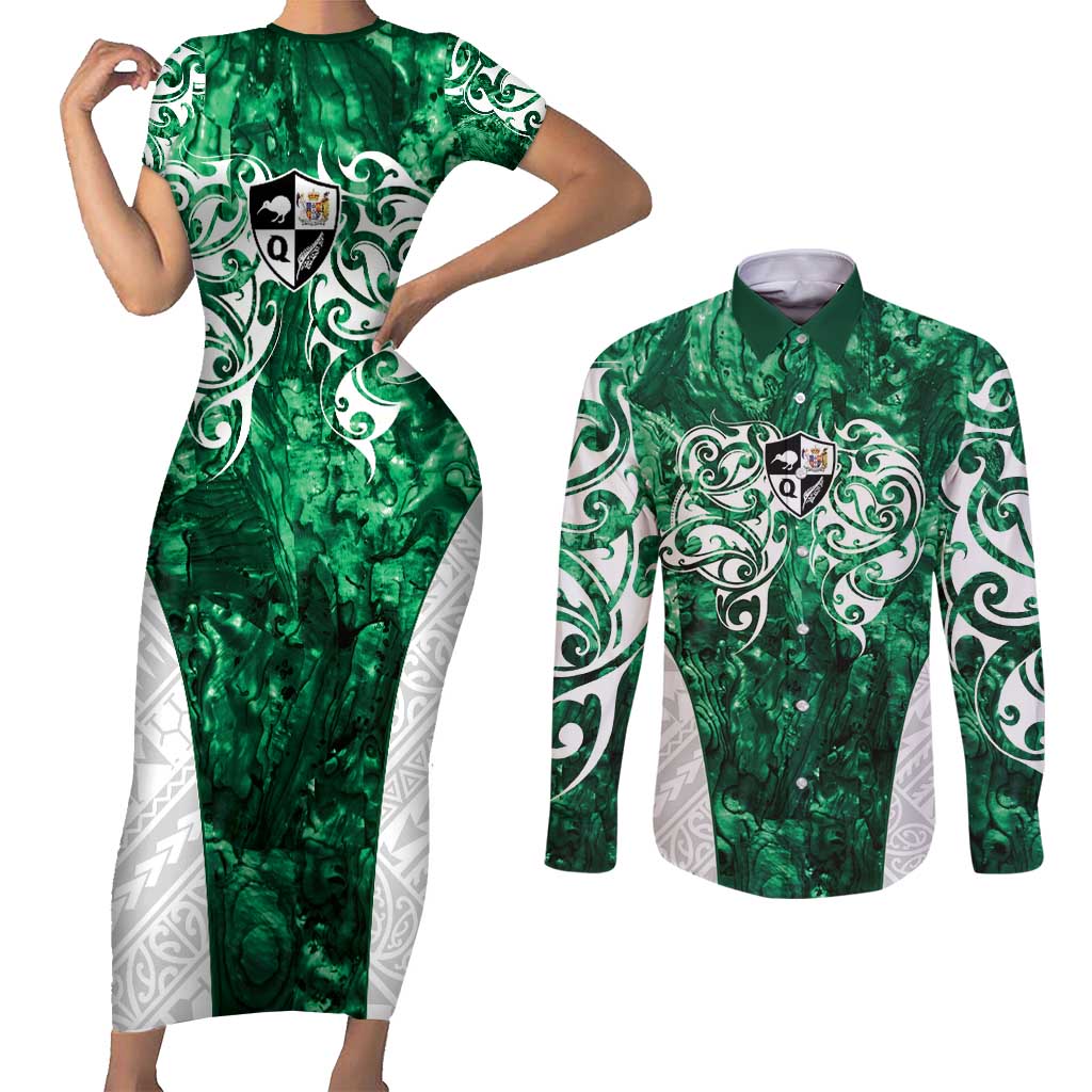 Queensland Maori Kiwi Personalised Couples Matching Short Sleeve Bodycon Dress and Long Sleeve Button Shirt Kikirangi Papua Shell Maori Tribal Tattoo