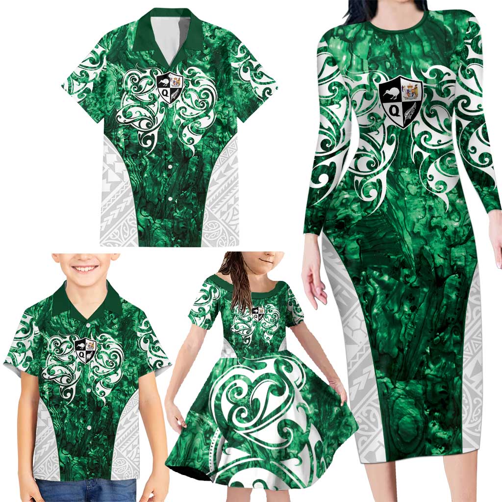 Queensland Maori Kiwi Personalised Family Matching Long Sleeve Bodycon Dress and Hawaiian Shirt Kikirangi Papua Shell Maori Tribal Tattoo