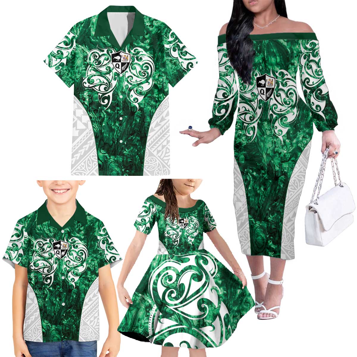 Queensland Maori Kiwi Personalised Family Matching Off The Shoulder Long Sleeve Dress and Hawaiian Shirt Kikirangi Papua Shell Maori Tribal Tattoo