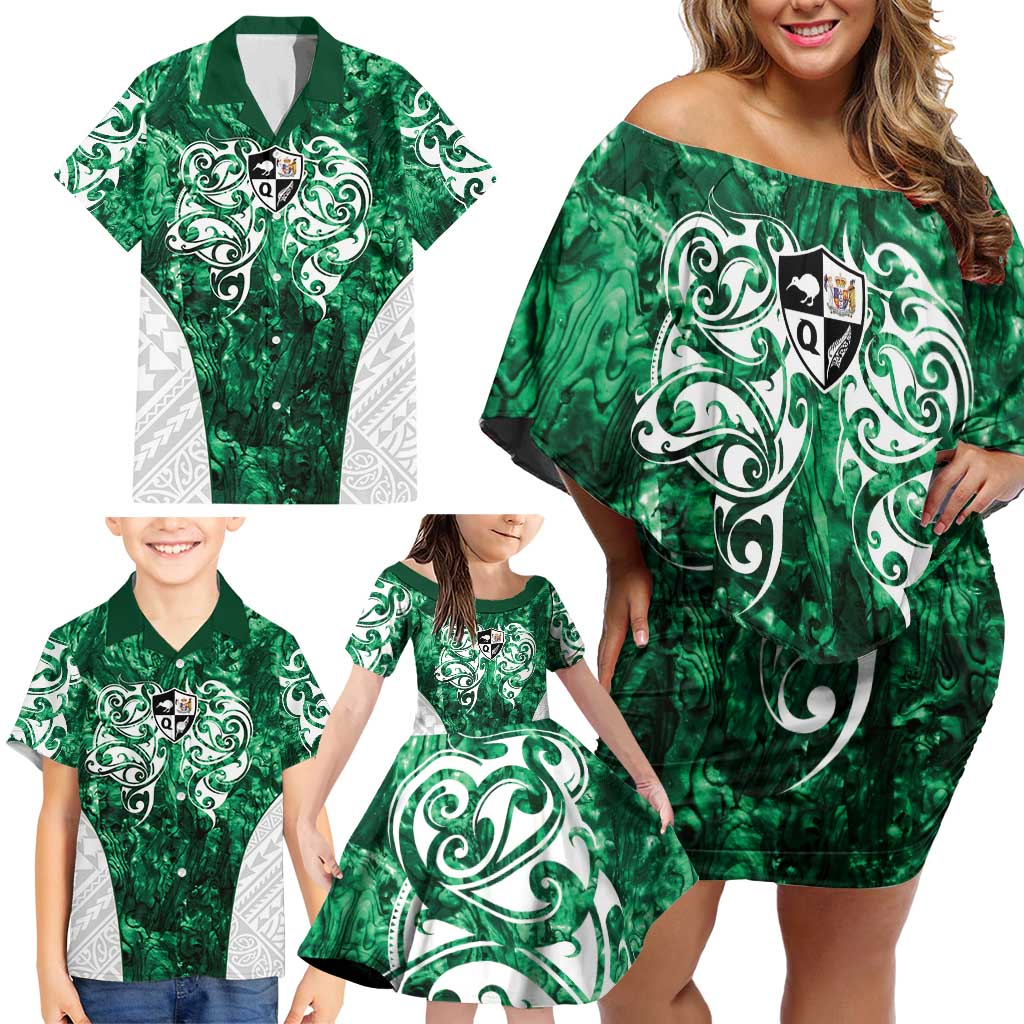 Queensland Maori Kiwi Personalised Family Matching Off Shoulder Short Dress and Hawaiian Shirt Kikirangi Papua Shell Maori Tribal Tattoo