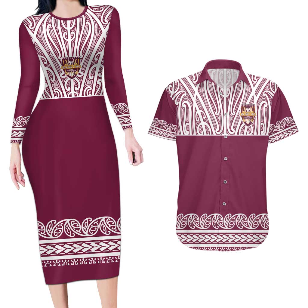 Queensland Maori Nga Hau E Wha Custom Couples Matching Long Sleeve Bodycon Dress and Hawaiian Shirt Polynesian Maori Tribal Pattern