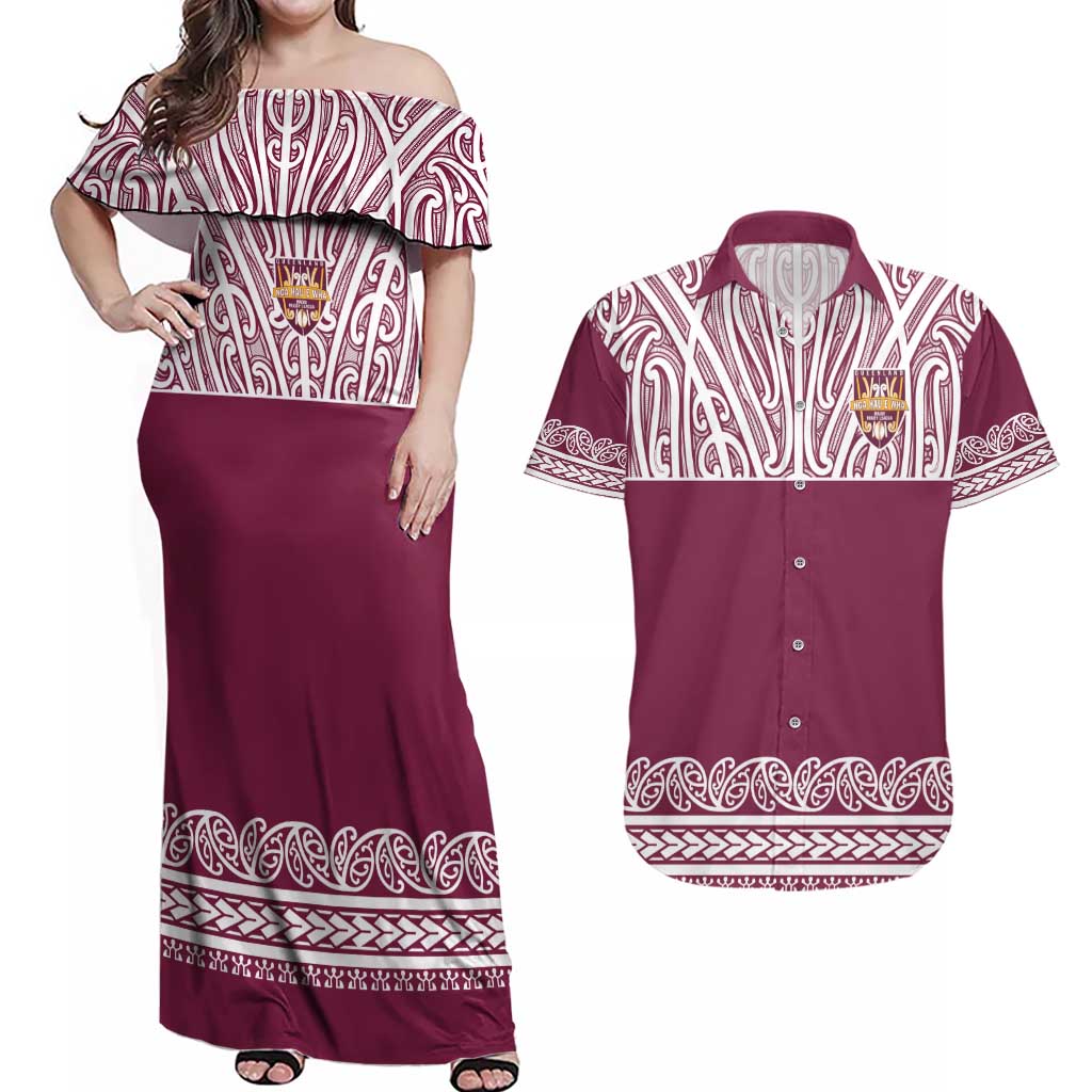 Queensland Maori Nga Hau E Wha Custom Couples Matching Off Shoulder Maxi Dress and Hawaiian Shirt Polynesian Maori Tribal Pattern