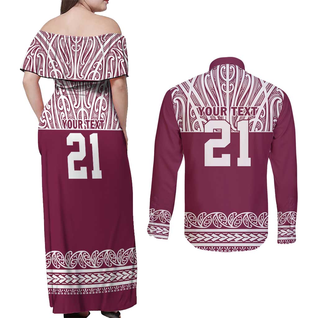 Queensland Maori Nga Hau E Wha Custom Couples Matching Off Shoulder Maxi Dress and Long Sleeve Button Shirt Polynesian Maori Tribal Pattern