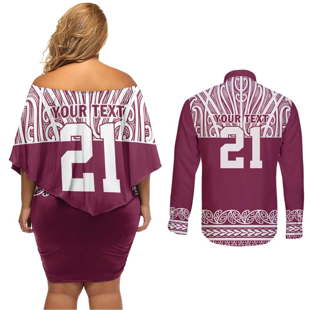 Queensland Maori Nga Hau E Wha Custom Couples Matching Off Shoulder Short Dress and Long Sleeve Button Shirt Polynesian Maori Tribal Pattern