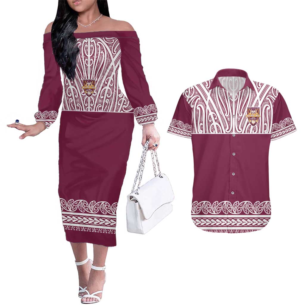 Queensland Maori Nga Hau E Wha Custom Couples Matching Off The Shoulder Long Sleeve Dress and Hawaiian Shirt Polynesian Maori Tribal Pattern