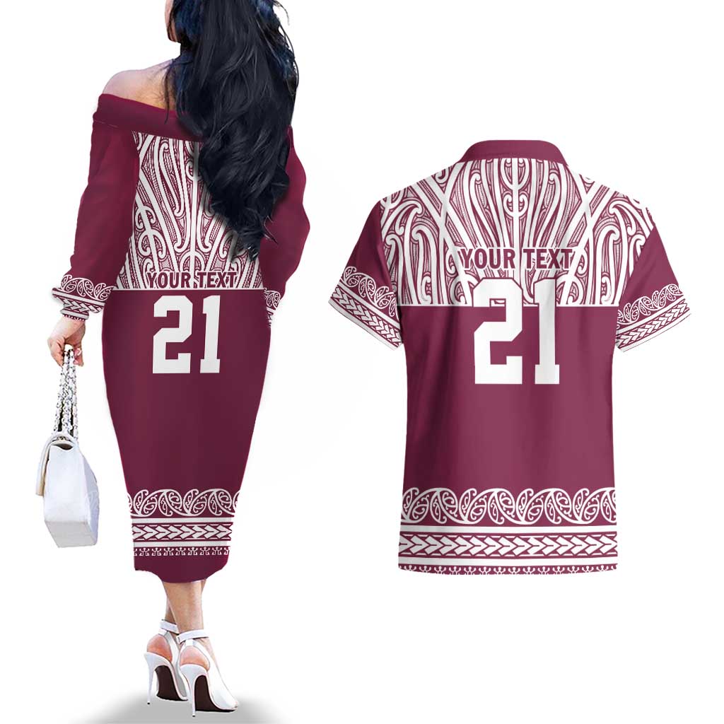 Queensland Maori Nga Hau E Wha Custom Couples Matching Off The Shoulder Long Sleeve Dress and Hawaiian Shirt Polynesian Maori Tribal Pattern